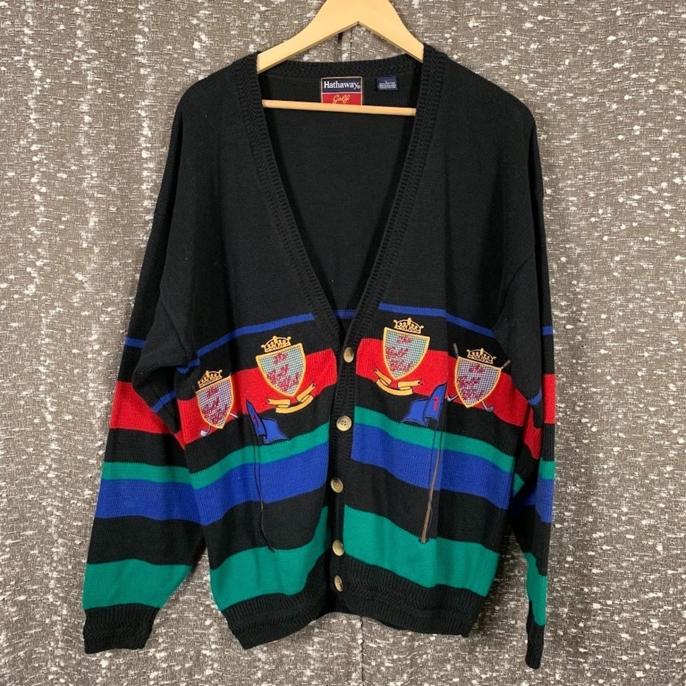 Vintage Hathaway Golf Knit Grandpa Striped Sweater‎ Cardigan Men's Large